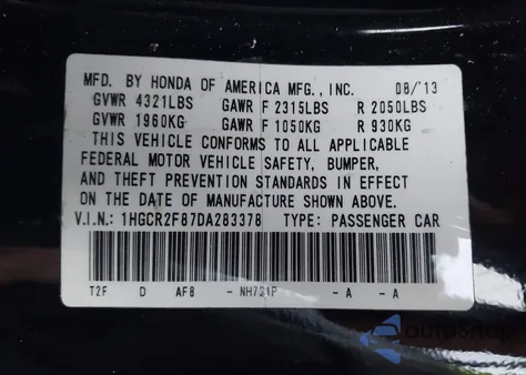2013 Honda Accord Ex-L from USA, damaged, VIN 1HGCR2F87DA283378